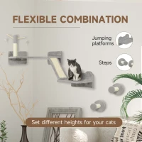 PawHut 3-Piece Cat Wall Furniture with Scratching Posts, Scratching Pads, Perches, Cat Wands, Toy Balls, Light Grey(m-5)