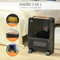 HOMCOM Calefactor Eléctrico Portátil 2000W 2 en 1 Radiador Cerámico con Humidificador Función de Desinfección Mando a Distancia Termostato Temporizador Luces LED para Sala de 30 m² 33x21x49,5 cm Negro(m-4)
