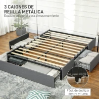 HOMCOM Cama Doble 140x190 cm Somier con 3 Cajones y Estructura de Metal Carga 363 kg Gris(m-4)