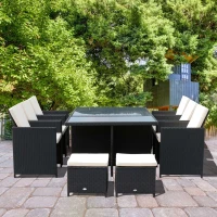 Outsunny Polyrattan Sitzgruppe Essgruppe 11tlg. mit Kissen Gartenmöbel Alu Schwarz(m-2)