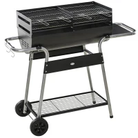 Outsunny Charcoal Barbecue Grill BBQ Trolley with Double Grill, Adjustable Grill Height, Side Table, Storage Shelf, and Wheels for Outdoor Cooking, 130 x 51 x 111cm, Black(m-1)