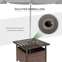 Outsunny Tavolo da Giardino con Foro per Ombrellone e Cesta Inferiore in Rattan PE e Acciaio, 55.5x55.5x46cm Marrone(m-6)