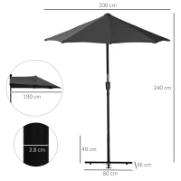 Outsunny 2m Half Parasol Market Umbrella Garden Balcony Parasol with Crank Handle, Base, Double-Sided Canopy, Black(m-3)