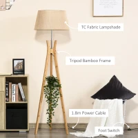 HOMCOM Natural Wood Tripod Floor Lamp Light E27 Base Bedroom Living Room Fabric Shade Storage Shelf Foot Switch, 156cm, Beige(m-5)