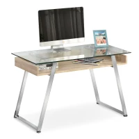 HOMCOM Bureau d'Ordinateur Table Informatique avec Plateau Verre Trempé Étagère de Rangement Support en Métal 120 x 60 x 74,5 cm(m-9)