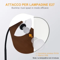 HOMCOM Lampada da Terra Moderna con Caricatore Wireless e Testa Flessibile per Soggiorno, Camera da Letto e Ufficio, 36x36x165 cm(m-6)