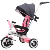 HOMCOM Tricycle enfant évolutif pare-soleil pliable canne télescopique amovible 115L x 54l x 96H cm métal rose blanc noir(m-1)