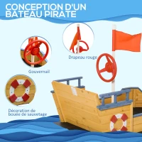 Outsunny Bac à sable forme de bateau pirate boîte à sable pour enfant gouvernail drapeau rouge 2 marches et espace de rangement(m-4)