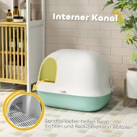 PawHut Katzentoilette mit Deckel, Katzenklo mit internem Kanal, Tür, Schaufel, leicht zu reinigen, Kunststoff, Grün(m-5)