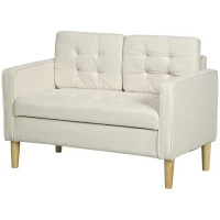 HOMCOM Modern Loveseat Sofa, Compact 2 Seater Sofa with Hidden Storage, 117cm Tufted Cotton Couch with Wood Legs, Cream White(m-11)