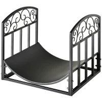 Outsunny Metal Firewood Log Holder Indoor Outdoor Firewood Rack Inner Arced Fireplace Wood Storage Shelf w/ Elegant Scrolls, Black, 45W x 35D x 40H cm(m-11)