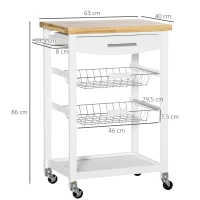 HOMCOM Carro de Cocina con Ruedas Carrito de Servicio para Comedor Salón Carga 27,5 kg 63x40x86 cm Blanco(m-3)