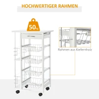 HOMCOM Küchenwagen, 5 Ebenen Servierwagen mit Arbeitsplatte, Rollwagen, Küchenregal mit Rollen, Schublade und Metallkörben, Kiefernholz Weiß 47 x 37 x 83 cm(m-6)