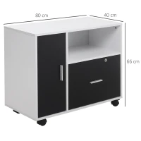 HOMCOM support d'imprimante organiseur bureau caisson placard porte, niche, tiroir verrouillable + grand plateau panneaux particules noir blanc(m-3)