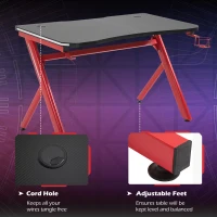 HOMCOM RGB Gaming Desk Computer Table Metal Frame with LED Light, Cup Holder, Headphone Hook, Cable Hole, Red(m-6)
