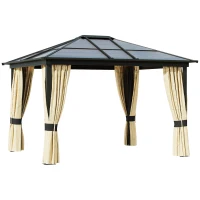 Outsunny 3 x 3.6m Polycarbonate Hardtop Gazebo with LED Solar Light and Aluminium Frame, Garden Pavilion with Mosquito Netting and Curtains(m-1)