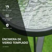 Outsunny Mesa de Cristal de Jardín con Agujero para Sombrilla Mesa para Comer Cuadrada con Marco de Acero para Exterior Terraza Balcón 106,5x106,5x71 cm Negro(m-5)