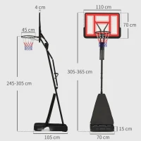 SPORTNOW 245-305cm Adjustable Basketball Hoop and Stand, with Wheels, Red(m-3)