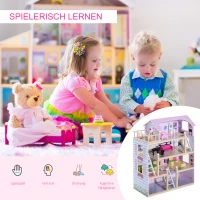 HOMCOM Puppenhaus aus Holz Puppenvilla für Kinder ab 3 Jahren Puppenstube Dollhouse 4 Etagen mit Möbel und Zubehör Spielzeug 60 x 30 x 80 cm(m-5)