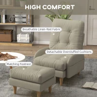 HOMCOM Upholstered Recliner Armchair with Footstool Set, Modern Button Tufted Accent Chair with Adjustable Backrest, Cushions, Wood Legs and Side Pockets for Living Room, Bedroom, Home Study, Beige(m-5)