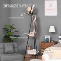 HOMCOM Porte-manteau trépied style industriel branches 2 étagères + 6 patères dim. 52L x 46l x 182H cm métal noir panneaux particules boisés(m-6)