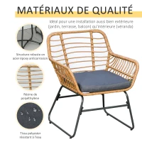 Outsunny Ensemble Bistro de Jardin 2 Places 3 pièces Style Exotique 2 fauteuils + Table Basse résine tressée Beige Acier époxy Gris(m-5)
