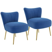 HOMCOM Set of 2 Accent Chairs, Upholstered Living Room Chairs with Gold Tone Steel Legs, Wingback Armless Chairs, Dark Blue(m-1)