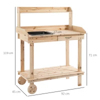 Outsunny Garden Potting Bench Table, Wooden Work Station, Outdoor Planting Workbench with 2 Wheels, Sink, Drawer & Large Storage Spaces, 92x45x119cm(m-3)