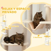 PawHut Árbol para Gatos de Suelo a Techo 225-255 cm con Hamacas Plataformas Juguete de Cuerda Bola de Juguete Beige y Gris(m-7)