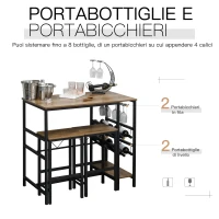 HOMCOM Set Tavolo 2 Sgabelli Alti da Bar in Legno Isola Cucina con Portabottiglie e Portabicchieri in Stile Industriale(m-5)