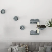 PawHut Juego de Rascador de Pared para Gatos con 3 Postes de Sisal Hamaca y 1 Plataforma para Saltar de 3 Nivele Gris(m-9)