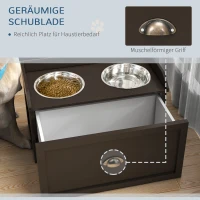 PawHut Futterstation Erhöhte Fressnäpfe 2 Fressnäpfe, 2 Edelstahlschalen, 1 Stauraum, 60 x 30 x36 cm, Braun(m-5)