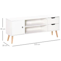 HOMCOM Mueble de TV para Televisiones de 50" Mesa de Salón con Puerta 2 Estantes Abiertos y 2 Cajones 120x28x44 cm Blanco(m-3)
