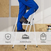 HOMCOM Escalera Plegable de 3 Peldaños Escalera de Tijera con Apoyabrazos y Portaherramientas 51x66x131 cm Blanco y Negro(m-5)