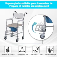 HOMCOM Chaise percée à roulettes - fauteuil roulant percé - chaise de douche - seau amovible, accoudoirs, repose-pied - acier chromé HDPE blanc(m-7)