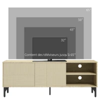 HOMCOM Meuble TV jusqu'à 65 pouces 2 niches 2 passe-câbles et 1 placard 2 portes piètement acier 150 x 40 x 56 cm jaune noir(m-8)