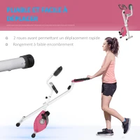 HOMCOM Vélo d'appartement pliable vélo de fitness vélo d'intérieur 8 niveaux de résistance magnétique avec dossier selle réglable écran LCD multifonction capteur fréquence cardiaque rose(m-7)