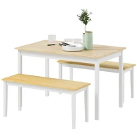 HOMCOM Dining Table and Bench Set, Farmhouse Kitchen Table and Bench with Wooden Frame for Living Room, Dining Room, Natural and White(m-11)