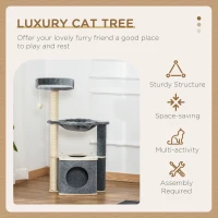 PawHut Cat Tree for Indoor Cats 95cm Climbing Tower Kitten Activity Center with Sisal Scratching Post Perch Roomy Condo Hammock Removable Felt Hanging Toy, Grey(m-4)