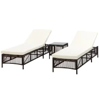 Outsunny Conjunto de 2 Tumbonas de Ratán con Mesa de Centro Respaldo Ajustable en 5 Niveles y Cojines 196x54x32 cm Marrón(m-7)