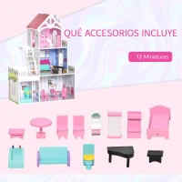 HOMCOM Casa de Muñecas de Madera de 3 Niveles para Muñecas de 10 cm con Muebles 13 Accesorios Incluidos Casita Muñecas de Juguete 60x29x85 cm Rosa(m-5)