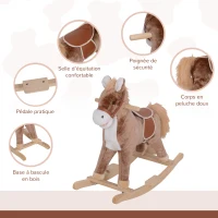HOMCOM Cheval à Bascule Cheval de Cowboy Selle Grand Confort pour Enfants de 36+Mois Peluche Courte Douce Bois peuplier Charge 40 Kg Marron(m-6)