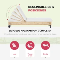 Outsunny Tumbona de Ratán Sintético Chaise Longue con Respaldo Ajustable en 5 Posiciones Cojín Acolchado y 2 Ruedas para Jardín Terraza Acero 200x65x31 cm Natural y Beige(m-4)