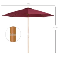 Outsunny Ombrellone da Giardino 3x2.5 con Palo in Legno e 8 Stecche e Copertura in Poliestere Rosso Scuro(m-3)