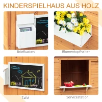 Outsunny Kinderspielhaus aus Naturholz, mit Briefkasten und Blumenkasten, Braun + Weiß(m-4)