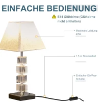 HOMCOM Tischlampe mit drehbarem Kristallwürfel, Metallsockel und Lampenschirm, Lampensockel E14, Metall, Polyestergewebe, Kristallglas, cremeweiß 20x20x47 cm(m-4)