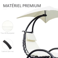 Outsunny Bain de Soleil transat de jardin chaise longue Design Contemporain - Pare-Soleil et Matelas - Acier Polyester - dim. 1,7L x 1,18l x 1,77H m - écru Noir(m-7)