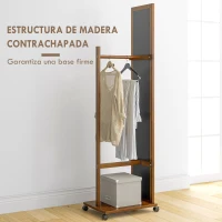HOMCOM Espejo de Cuerpo Entero con Ruedas Espejo Largo con Barra para Ropa y Estante Inferior 35,5x49,5x167,8 cm Nogal(m-7)