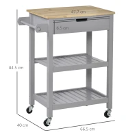 HOMCOM Kitchen Trolley Utility Cart on Wheels with Rubberwood Worktop, Towel Rack, Storage Shelves & Drawer for Dining Room, Grey(m-3)