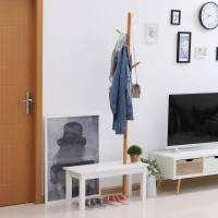 HOMCOM Garderobenständer Kleiderhaken Garderobe mit Sitzbank Baum-Design Zweige 6 Haken Eingangsbereich MDF + Bambus Weiß + Natur 80 x 30 x 180 cm(m-2)